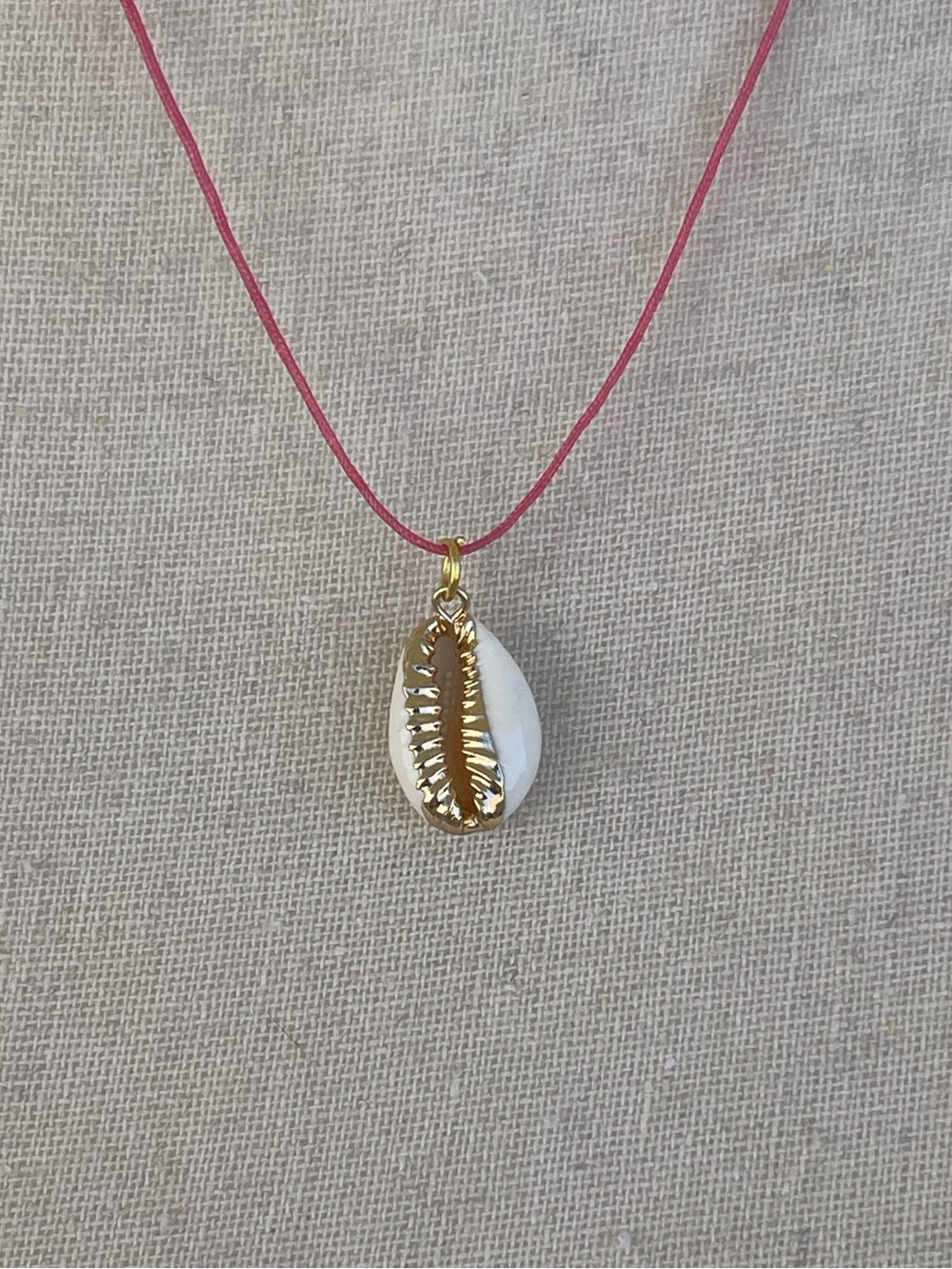 Cowrie Shell Necklace on Pink Nylon Cord Gold Tone Hardware Handmade